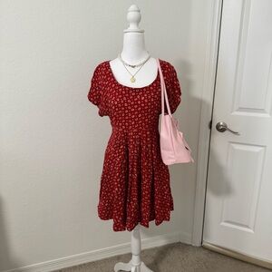 Ditsy Flower Red Short Sleeve Baby Doll Dress
